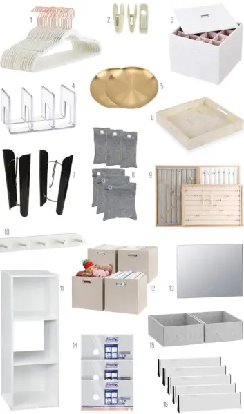 Moodboard van producten die worden gebruikt bij het organiseren van Ikea Pax-kasten