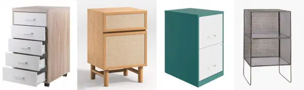 Moodboard voor opbergruimte met 4 opties voor bestandsopslag onder het bureau