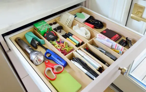 Close-up van ongewenste lade met houten verdelers in Ikea-keuken