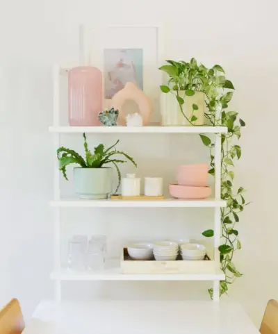 CB2 Plank In Keuken Met Kommen, Glazen En Planten