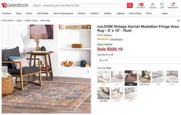 Screenshot van NuLoom Vintage Harriet Medallion Fringe Area Rug vermeld op overstock