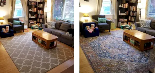 Lezer heeft een foto ingediend van voor en na met het nieuwe nuLoom Medallion Magic Rug