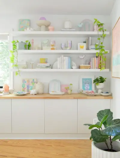 Witte Ikea gebrekenplanken, gestyled met strandachtige boeken en slagersblokken