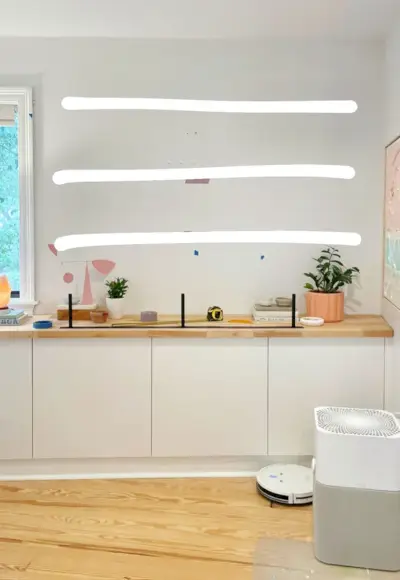 Mock-up van Ikea-gebrekplanken die boven de Besta-toonbank zweven