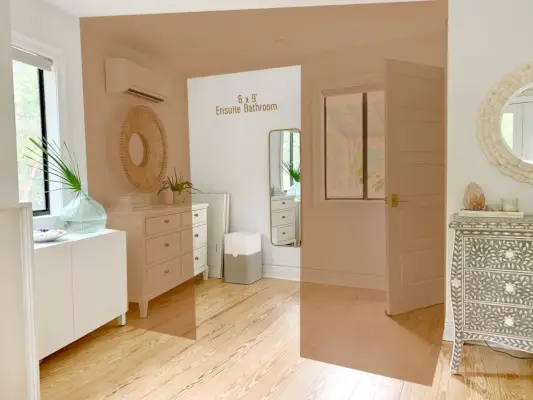 Uitzicht op de ruimte die de toekomstige badkamer zal worden, met Photoshop-rendering eroverheen