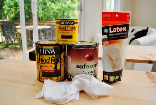benodigdheden voor houtkleuring, waaronder Minwax Wood-afwerking, vodden, latexhandschoenen en milieuvriendelijke sealer