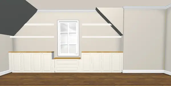 Rendering van ingebouwde kasten en twee zwevende planken met Ikea 3D Kitchen Planner