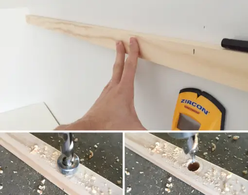 het markeren van de plaatsing van de noppen op een stuk grenenhouten plank van 1x2 en het boren van geleidegaten om de schroeven in te laten zinken