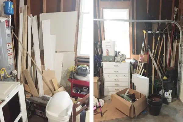 Schuuropslag vóór garagepuinhoop Sloophout