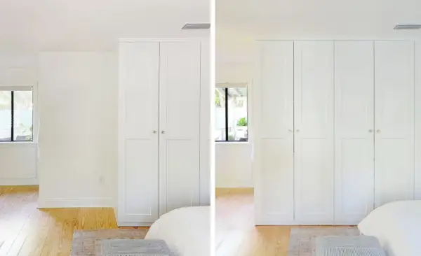 Voor en na van toegevoegde Ikea Pax-kledingkast in slaapkamer