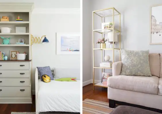 Naast elkaar ingebouwde boekenkast Ikea Hack en messing gespoten glazen plank