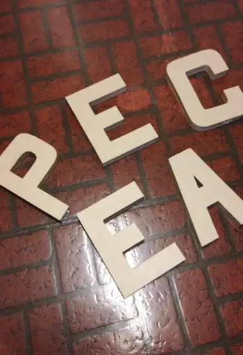 Kartonnen ambachtelijke brieven van JoAnn Fabric met de spelling PEACE