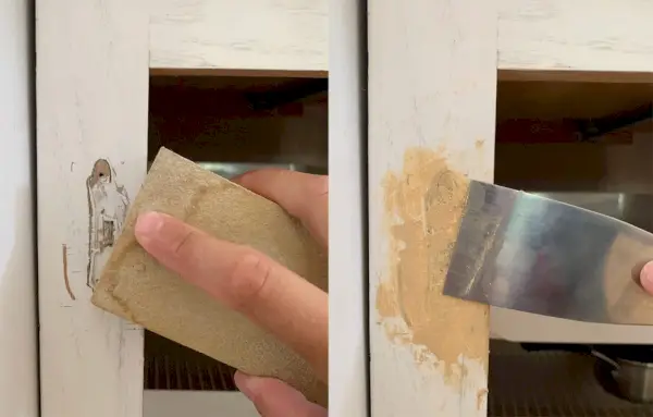 Schuren en schrapen van houtvuller op het kastframe om scharniergaten af te dekken