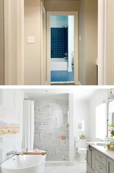 Voor en na foto van renovatie van marmeren badkamer