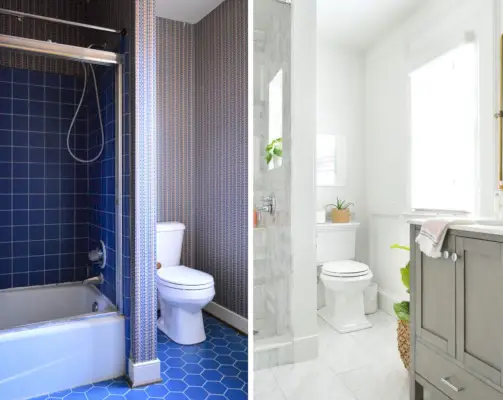 Voor en na de behangen toiletruimte in de hoofdbadkamer