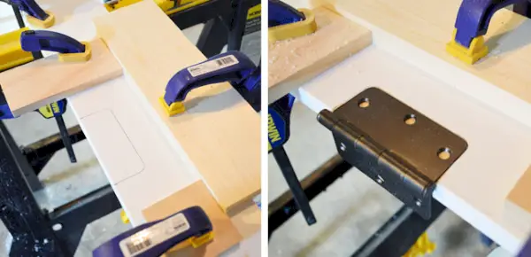 DIY-sjabloon vastgeklemd aan de deurstijl om de locatie van het deurscharnier te routeren