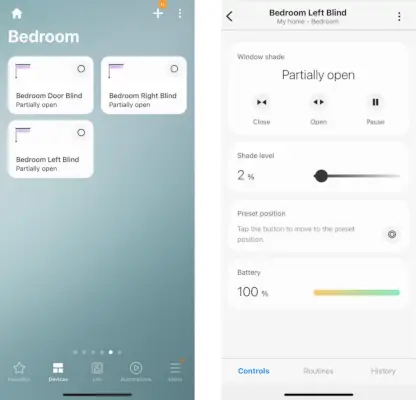 واجهة تطبيق Samsung Smart Things للتحكم في الستائر الذكية