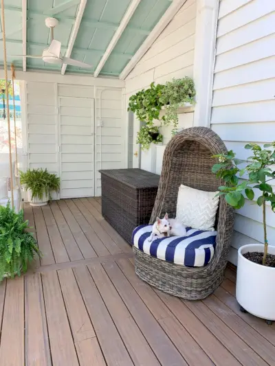 Volledig zicht op overdekte veranda met plantenplank en andere potplanten
