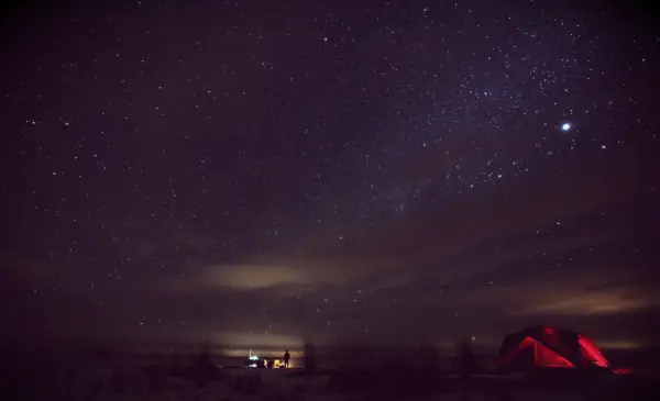 Campers under a starry desert sky.
