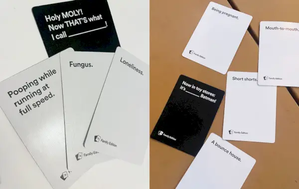 Cards Against Humanity Family Edition-voorbeeldkaarten
