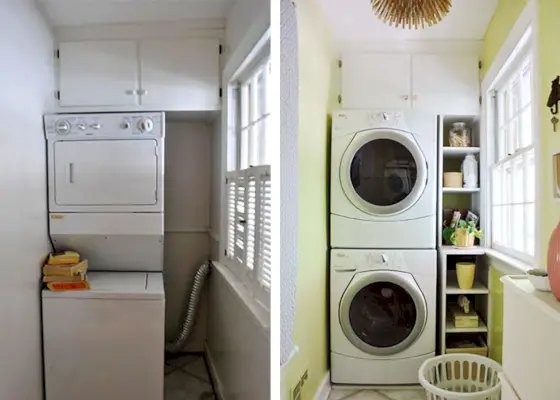 Voor en na de was-make-over met smalle planken ingebouwd in een nis
