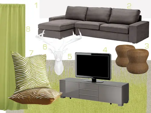Groen moodboard voor een kleurrijke woonkamer, inclusief sofa, witte hertenkop, tv-meubel, gordijnen en kussens met zebraprint