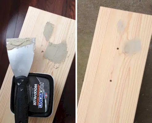 Het aanbrengen van houtplamuur over knoesten in hout om ze te bedekken