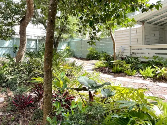 Weelderige tropische landschapsarchitectuur in het huis van Florida