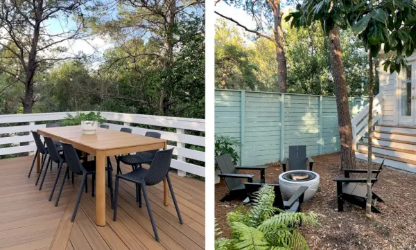 Eettafel op het bovendek en vuurplaats beneden in de tuin