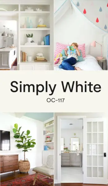 Collage van ruimtes met Benjamin Moore Simply White