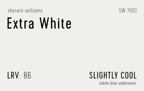 Sherwin Williams Extra White Swatch met Paint Info LRV-ondertoon