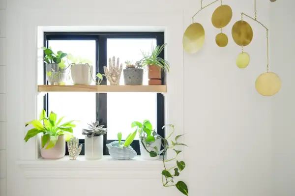 Raamplantenplank met gouden mobiel in de badkamer