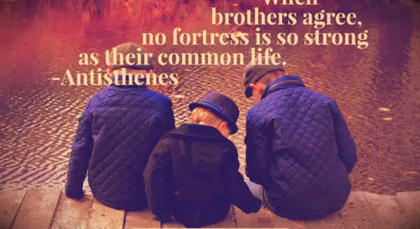 Three brothers in navy quilted Barbour coats sitting on a dock beside a lake