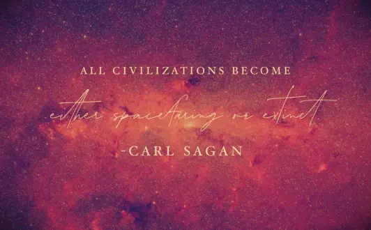 A Carl Sagan quote against a Hubble Telescope image of a distant galaxy