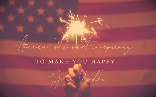A sparkler blazing in front of a large American Flag on July 4th