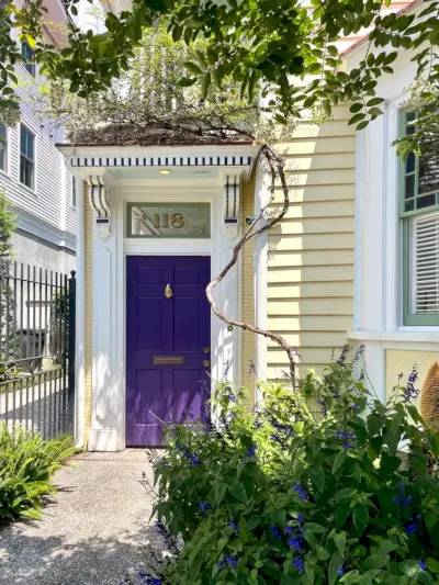 Geel huis met wijnstokken rond portiek in Charleston, Zuid-Carolina