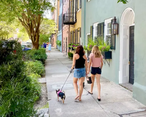 Gezin met hond en kinderen lopen op Rainbow Row in Charleston, South Carolina