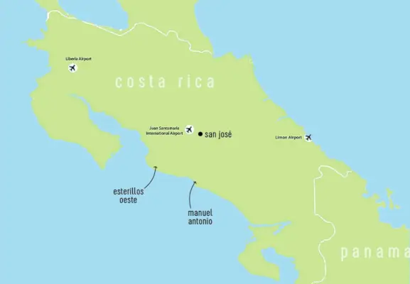 Costa Rica-kaart met Esterillos Oeste en Manuel Antonio gelabeld