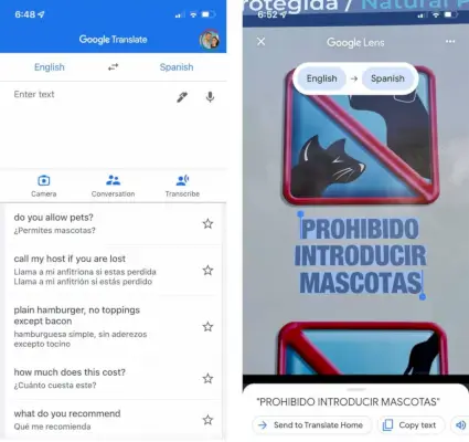 Screenshot van de Google Translate-telefoonapp met vertaling van Engels naar Mexico
