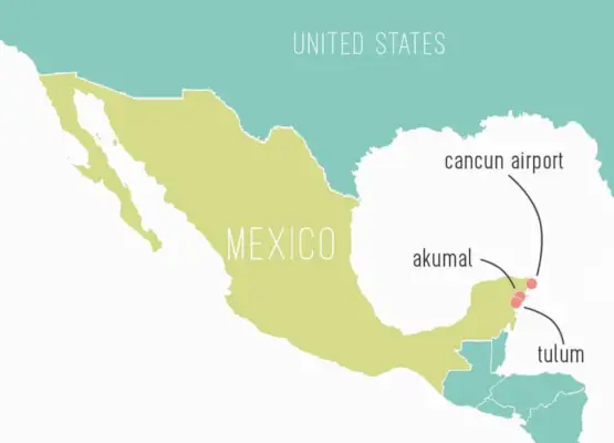 Kaart van Mexico met het label Tulum Akumal Cancun
