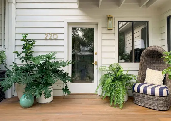 Voorporch met glazen deur en veel planten