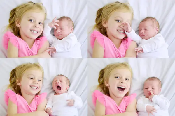 Yeni Doğan Fotoğraf Çekimi Sırasında Abla ve Bebek Kardeşin Kolajı