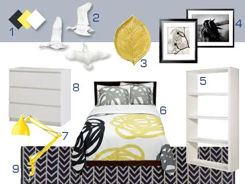 Een grijs, wit en geel moodboard voor de slaapkamer
