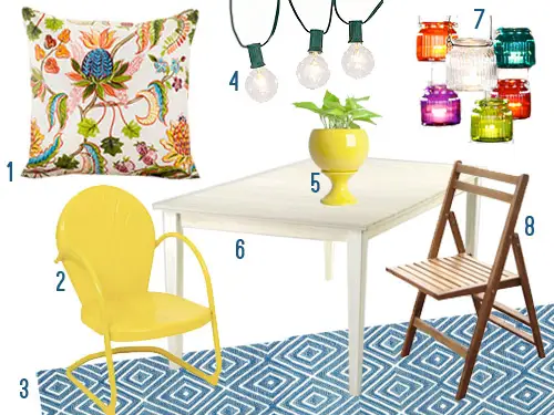 Moodboard voor kleurrijk terrasdecor | Lichtslingers | Gele stoel | Blauw vloerkleed