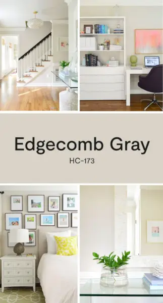 Collage van kamers met Benjamin Moore Edgecomb grijze verf