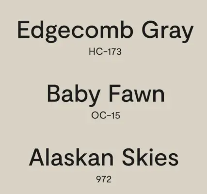 Alternatieve namen voor Benjamin Moore Edgecomb Gray Baby Fawn Alaskan Skies